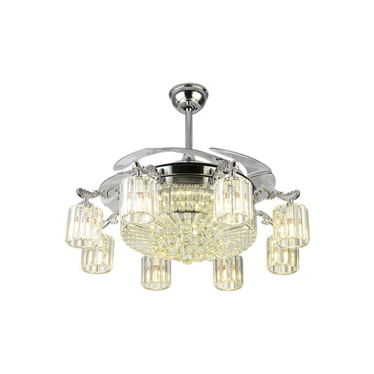 Cylindrical Crystal Ceiling Fan Light Modern 8-Light Semi Flush Mount Chandelier with 4 Blades and Remote Silver Remote Clearhalo 'Ceiling Fans with Lights' 'Ceiling Fans' 'Modern Ceiling Fans' 'Modern' Lighting' 2478113