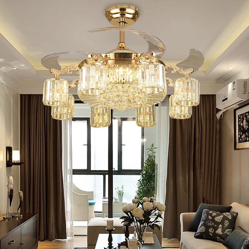 Cylindrical Crystal Ceiling Fan Light Modern 8 Semi Flush Mount Chandelier With 4 Blades And Remote Clearhalo