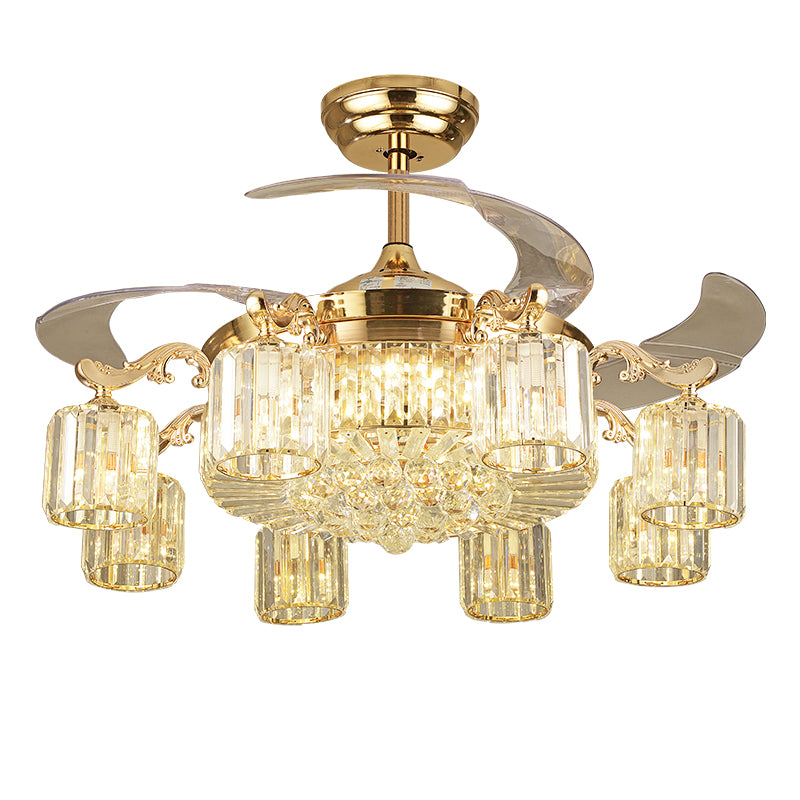 Cylindrical Crystal Ceiling Fan Light Modern 8-Light Semi Flush Mount Chandelier with 4 Blades and Remote Clearhalo 'Ceiling Fans with Lights' 'Ceiling Fans' 'Modern Ceiling Fans' 'Modern' Lighting' 2478116