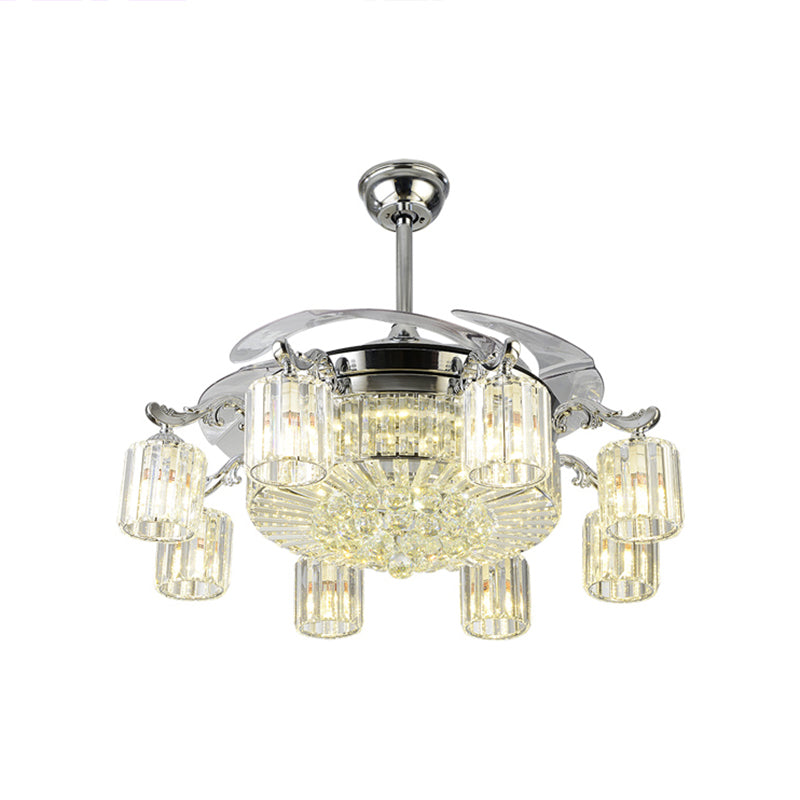 Cylindrical Crystal Ceiling Fan Light Modern 8-Light Semi Flush Mount Chandelier with 4 Blades and Remote Clearhalo 'Ceiling Fans with Lights' 'Ceiling Fans' 'Modern Ceiling Fans' 'Modern' Lighting' 2478118