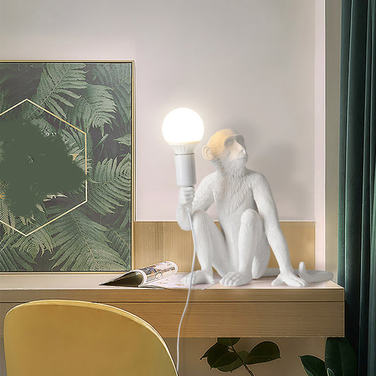 White Monkey Table Lamp Art Deco 1-Head Resin Nightstand Light with Shadeless Design White Sitting Clearhalo 'Lamps' 'Table Lamps' Lighting' 2478120