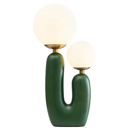 Cactus Bedside Table Light Resin 2 Bulbs Nordic Style Night Lamp with Ball Cream Glass Shade Green Clearhalo 'Lamps' 'Table Lamps' Lighting' 2478157