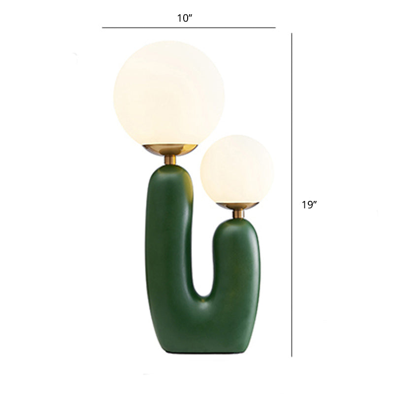 Cactus Bedside Table Light Resin 2 Bulbs Nordic Style Night Lamp with Ball Cream Glass Shade Clearhalo 'Lamps' 'Table Lamps' Lighting' 2478160