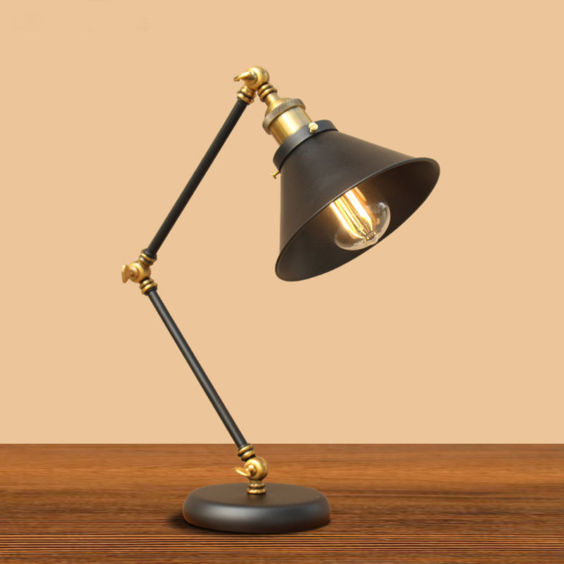 Metal 3-Joint Swing Arm Task Light Industrial 1 Bulb Bedroom Table Lamp with Shade in Black Black Wide Flare Clearhalo 'Lamps' 'Table Lamps' Lighting' 2478194