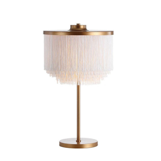 Brass Round Table Lamp Minimalistic Metal LED Nightstand Light with Tassel Fringe White Clearhalo 'Lamps' 'Table Lamps' Lighting' 2478357