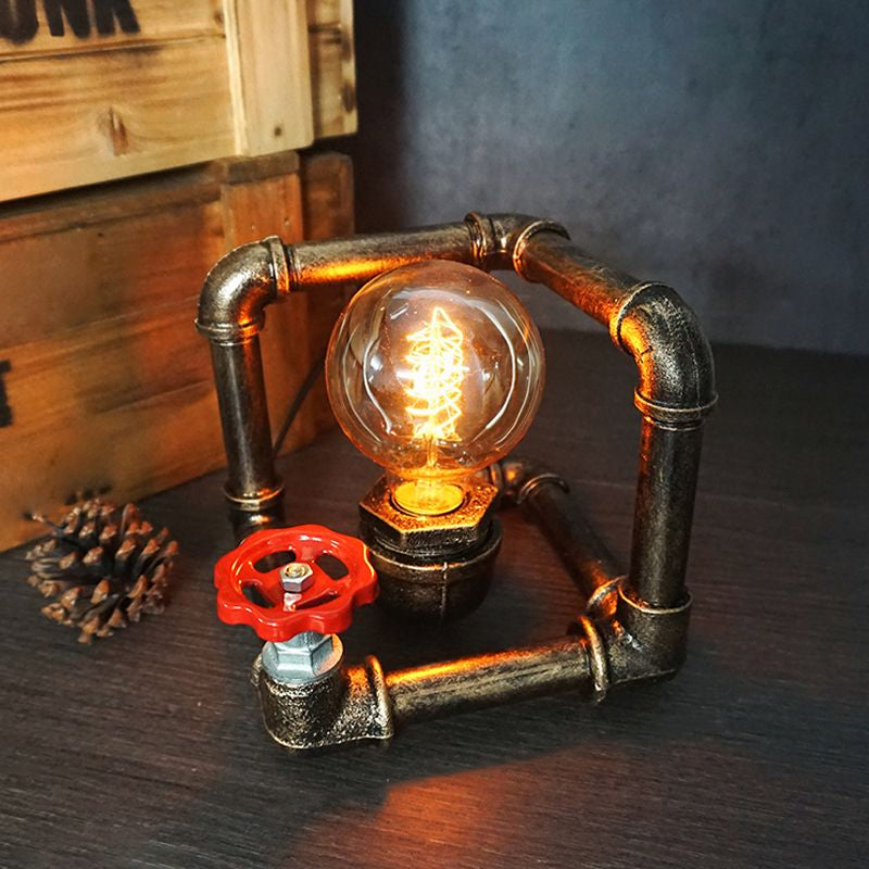 Wrought Iron Pipe Art Night Lamp Industrial 1-Bulb Boys Room Table Light in Bronze Bronze Square Clearhalo 'Lamps' 'Table Lamps' Lighting' 2478360
