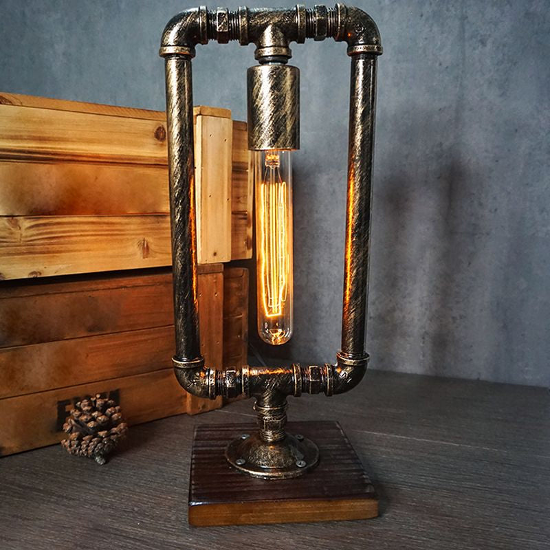 Wrought Iron Pipe Art Night Lamp Industrial 1-Bulb Boys Room Table Light in Bronze Bronze Rectangle Clearhalo 'Lamps' 'Table Lamps' Lighting' 2478363