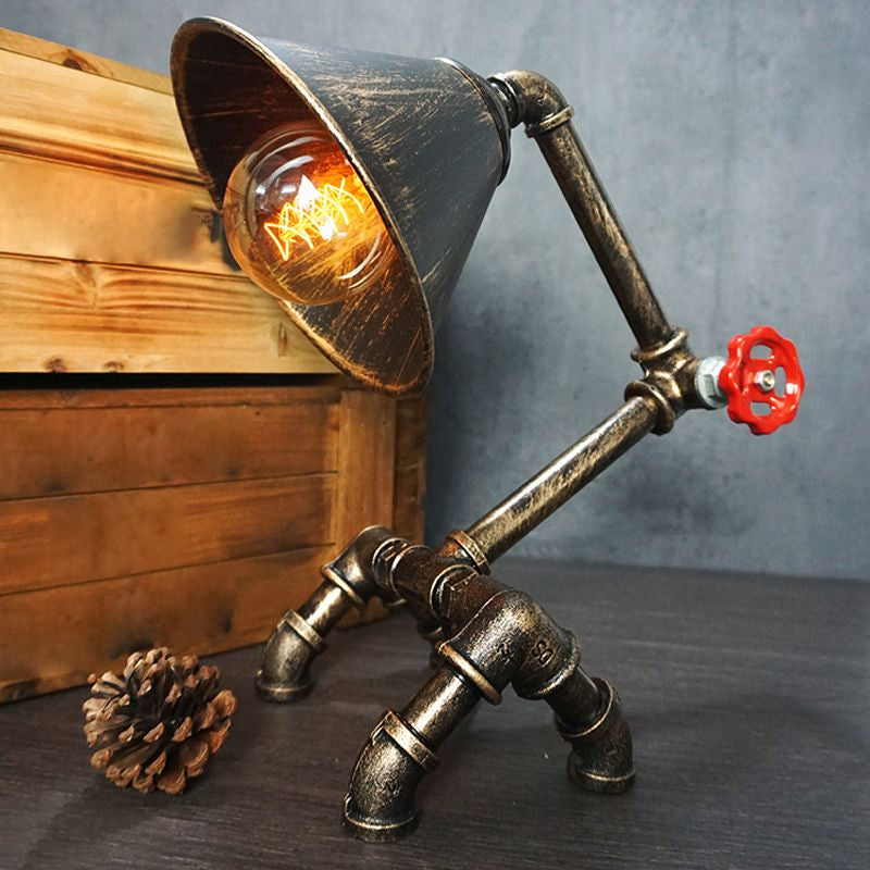 Wrought Iron Pipe Art Night Lamp Industrial 1-Bulb Boys Room Table Light in Bronze Bronze Flared Clearhalo 'Lamps' 'Table Lamps' Lighting' 2478364