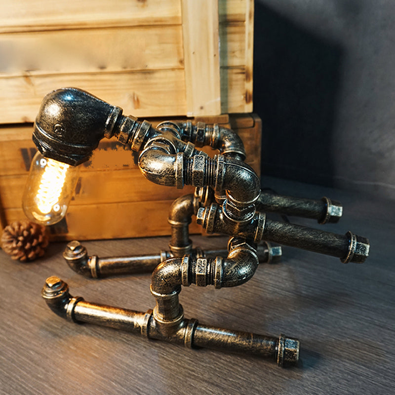 Wrought Iron Pipe Art Night Lamp Industrial 1-Bulb Boys Room Table Light in Bronze Clearhalo 'Lamps' 'Table Lamps' Lighting' 2478367