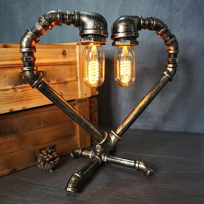 Wrought Iron Pipe Art Night Lamp Industrial 1-Bulb Boys Room Table Light in Bronze Bronze Loving Heart Clearhalo 'Lamps' 'Table Lamps' Lighting' 2478368