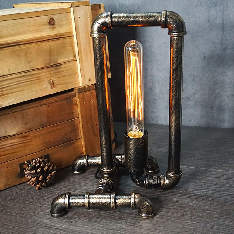Wrought Iron Pipe Art Night Lamp Industrial 1-Bulb Boys Room Table Light in Bronze Bronze Long Column Clearhalo 'Lamps' 'Table Lamps' Lighting' 2478372
