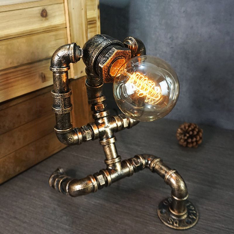 Wrought Iron Pipe Art Night Lamp Industrial 1-Bulb Boys Room Table Light in Bronze Bronze Athlete Clearhalo 'Lamps' 'Table Lamps' Lighting' 2478379