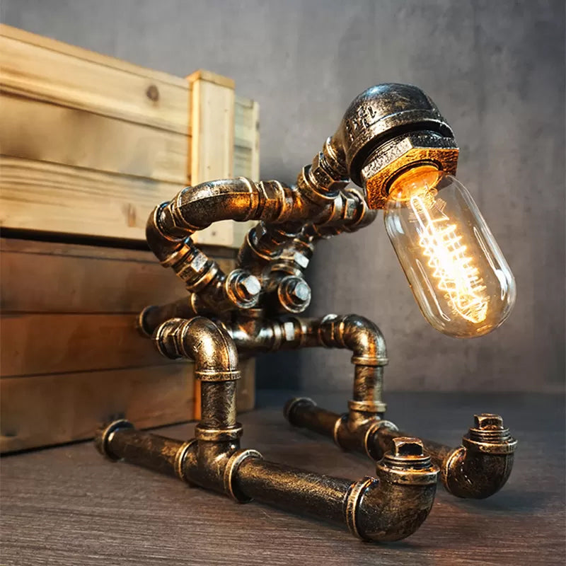 Wrought Iron Pipe Art Night Lamp Industrial 1-Bulb Boys Room Table Light in Bronze Bronze Down Clearhalo 'Lamps' 'Table Lamps' Lighting' 2478380