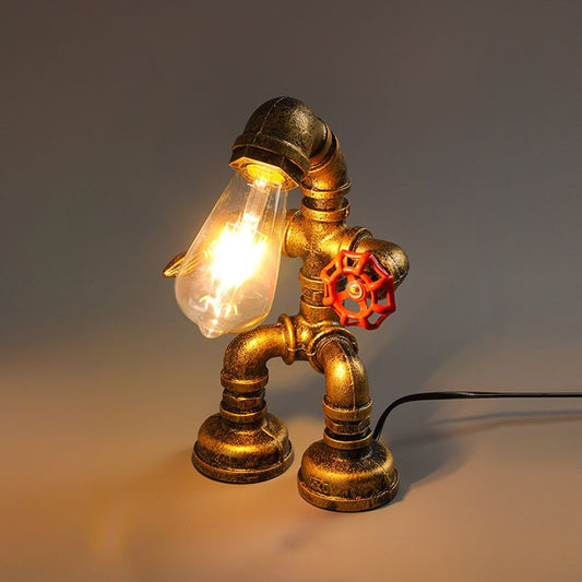 Industrial Pipe Style Night Light 1-Light Wrought Iron Accent Table Lamp in Bronze Bronze Short Arm Clearhalo 'Lamps' 'Table Lamps' Lighting' 2478409