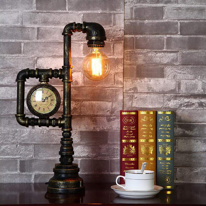 Pipe and Clock Bedroom Table Light Industrial Metal 1 Head Bronze Nightstand Lamp Clearhalo 'Lamps' 'Table Lamps' Lighting' 2478427