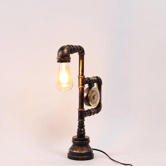 Pipe and Clock Bedroom Table Light Industrial Metal 1 Head Bronze Nightstand Lamp Bronze Clearhalo 'Lamps' 'Table Lamps' Lighting' 2478428