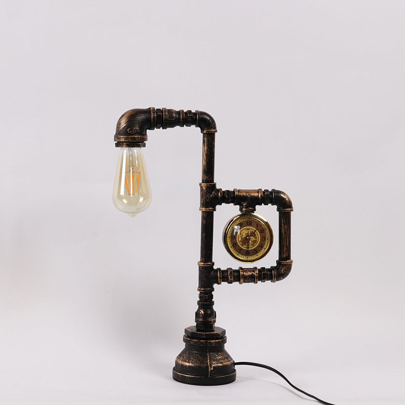 Pipe and Clock Bedroom Table Light Industrial Metal 1 Head Bronze Nightstand Lamp Clearhalo 'Lamps' 'Table Lamps' Lighting' 2478429