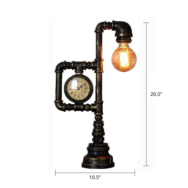 Pipe and Clock Bedroom Table Light Industrial Metal 1 Head Bronze Nightstand Lamp Clearhalo 'Lamps' 'Table Lamps' Lighting' 2478431