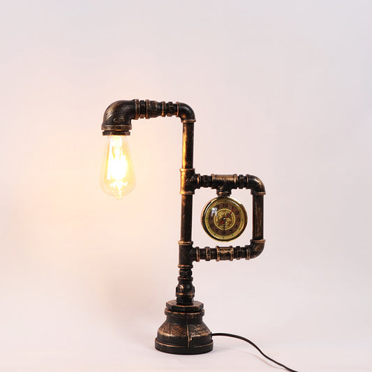 Pipe and Clock Bedroom Table Light Industrial Metal 1 Head Bronze Nightstand Lamp Clearhalo 'Lamps' 'Table Lamps' Lighting' 2478432