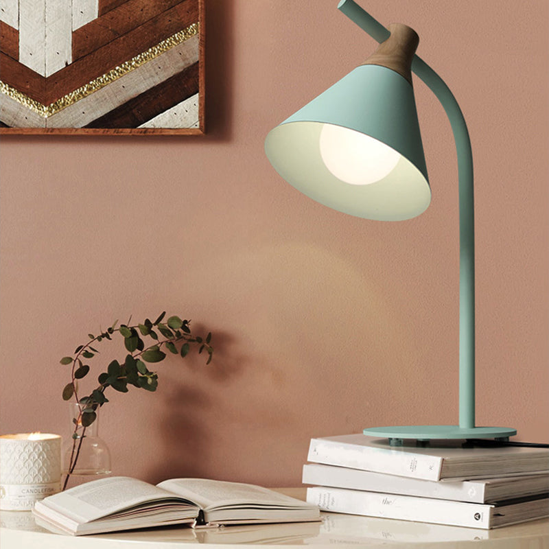Metal Conical Table Light Macaron Single-Bulb Nightstand Lamp with Bend Arm for Bedroom Clearhalo 'Lamps' 'Table Lamps' Lighting' 2478492