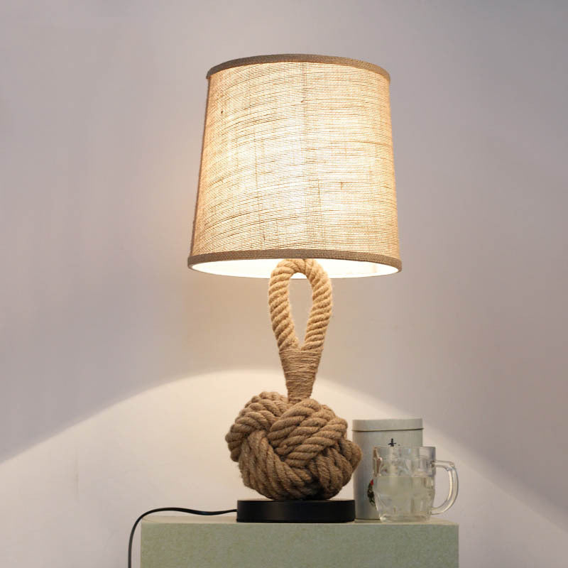 1-Bulb Bucket Shade Table Light Rustic Flaxen Fabric Night Lamp with Twisted Rope Base Clearhalo 'Lamps' 'Table Lamps' Lighting' 2478563
