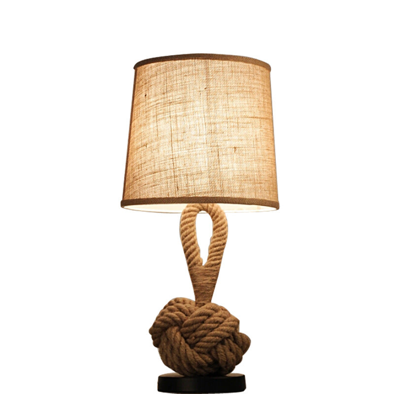 1-Bulb Bucket Shade Table Light Rustic Flaxen Fabric Night Lamp with Twisted Rope Base Clearhalo 'Lamps' 'Table Lamps' Lighting' 2478565