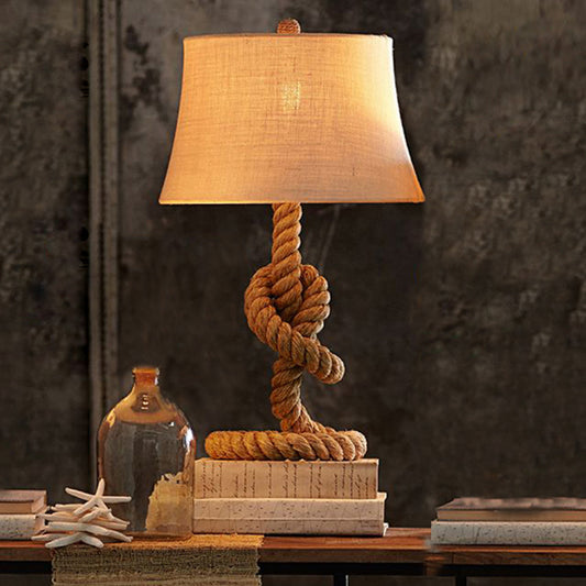 Fabric Empire Shade Table Lamp Country 1-Light Bedroom Night Light with Rope Pedestal in Flaxen Flaxen Barrel Clearhalo 'Lamps' 'Table Lamps' Lighting' 2478568