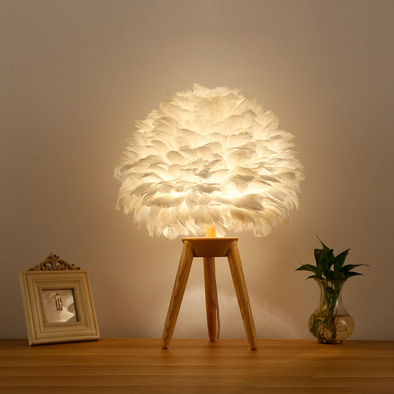 Feather Flower Blossom Table Light Contemporary Single-Bulb Night Lamp for Bedroom Wood Clearhalo 'Lamps' 'Table Lamps' Lighting' 2478577