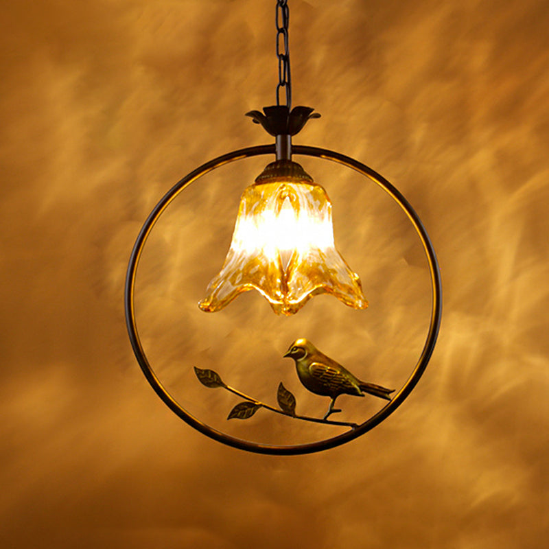 1 Light Pendant Lighting Classic Round/Oval Tan Textured Glass Hanging Ceiling Light in Black with Bird Black Round Clearhalo 'Ceiling Lights' 'Glass shade' 'Glass' 'Pendant Lights' 'Pendants' Lighting' 247860