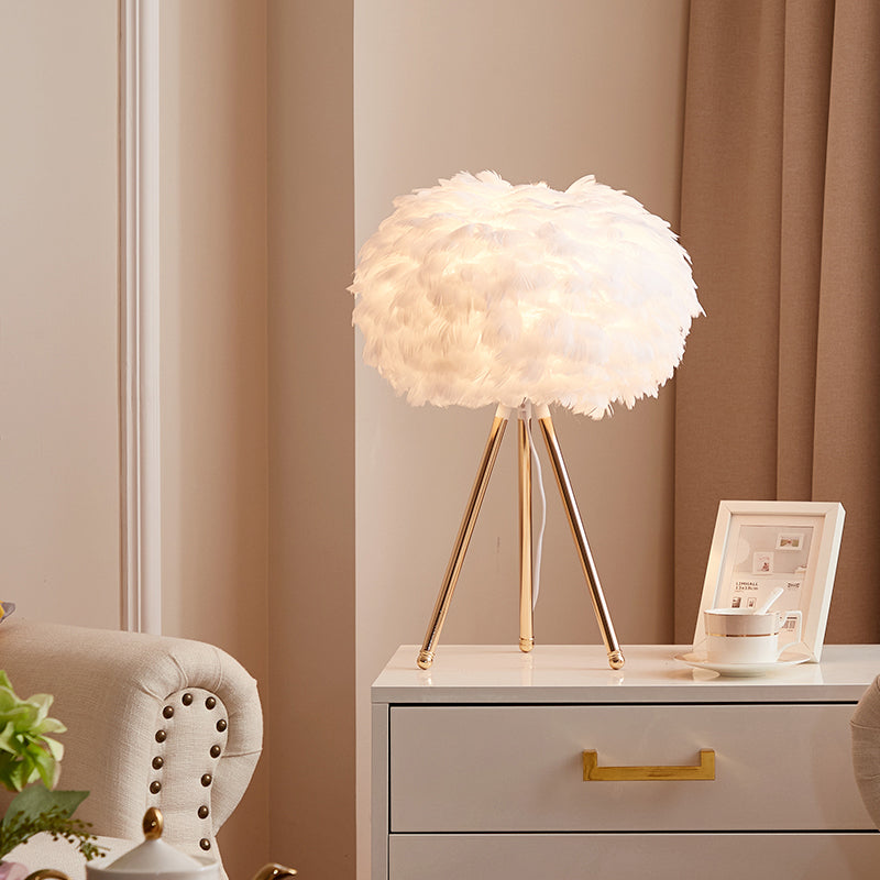 Goose Feather Sphere Table Lamp Nordic 1 Bulb Night Stand Light with Tripod Stand Clearhalo 'Lamps' 'Table Lamps' Lighting' 2478612