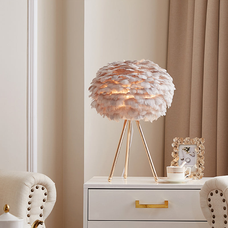 Goose Feather Sphere Table Lamp Nordic 1 Bulb Night Stand Light with Tripod Stand Clearhalo 'Lamps' 'Table Lamps' Lighting' 2478615