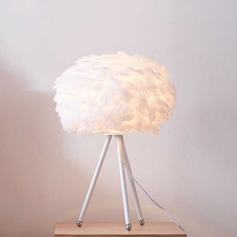Goose Feather Sphere Table Lamp Nordic 1 Bulb Night Stand Light with Tripod Stand White White Clearhalo 'Lamps' 'Table Lamps' Lighting' 2478620