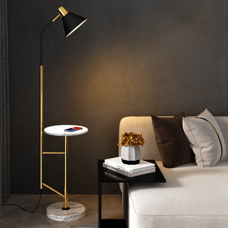 Cone Shade Living Room Task Floor Lamp Nordic Metal 1 Head Floor Light with Marble Tray Clearhalo 'Floor Lamps' 'Lamps' Lighting' 2478713