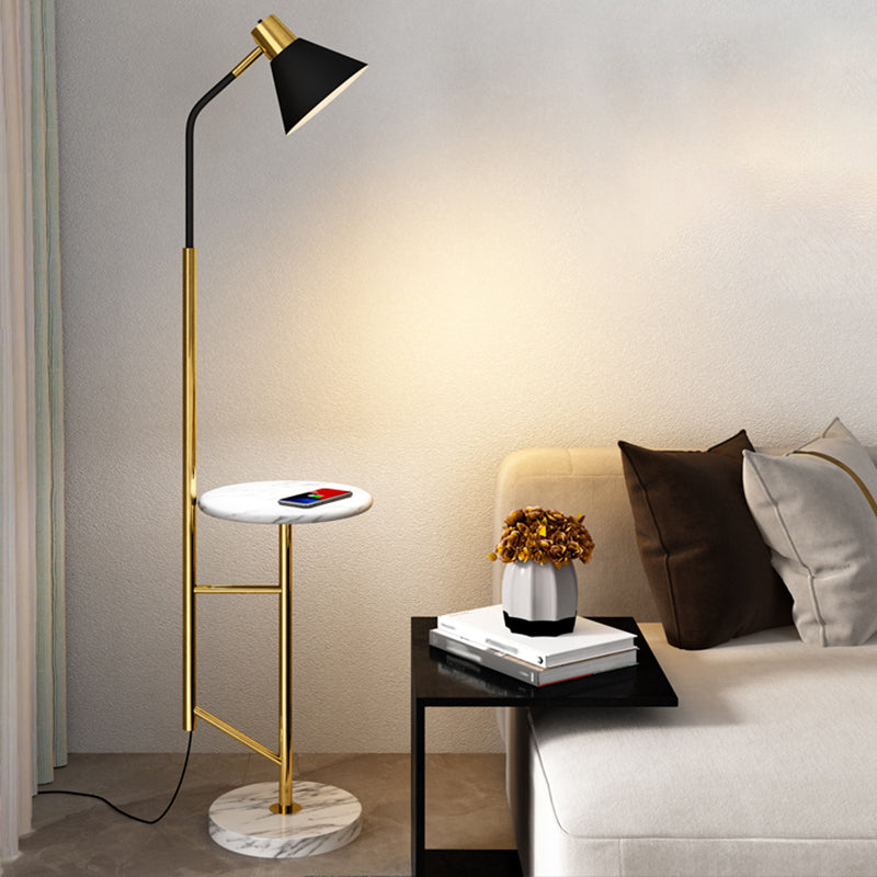 Cone Shade Living Room Task Floor Lamp Nordic Metal 1 Head Floor Light with Marble Tray Black-White Clearhalo 'Floor Lamps' 'Lamps' Lighting' 2478714