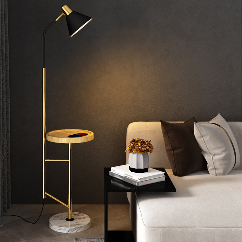 Cone Shade Living Room Task Floor Lamp Nordic Metal 1 Head Floor Light with Marble Tray Clearhalo 'Floor Lamps' 'Lamps' Lighting' 2478716