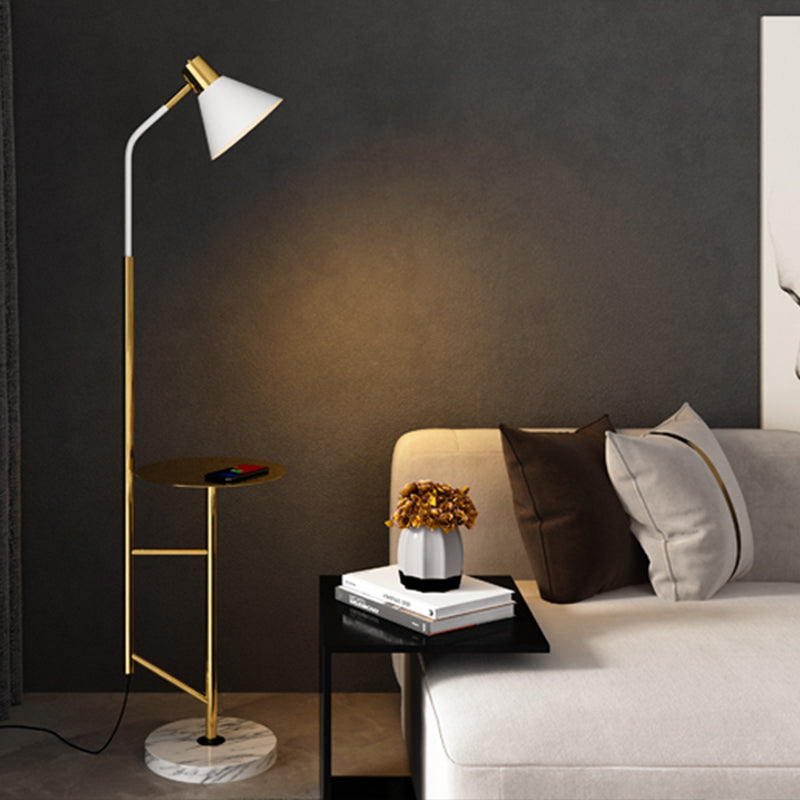 Cone Shade Living Room Task Floor Lamp Nordic Metal 1 Head Floor Light with Marble Tray White-Gold Clearhalo 'Floor Lamps' 'Lamps' Lighting' 2478717