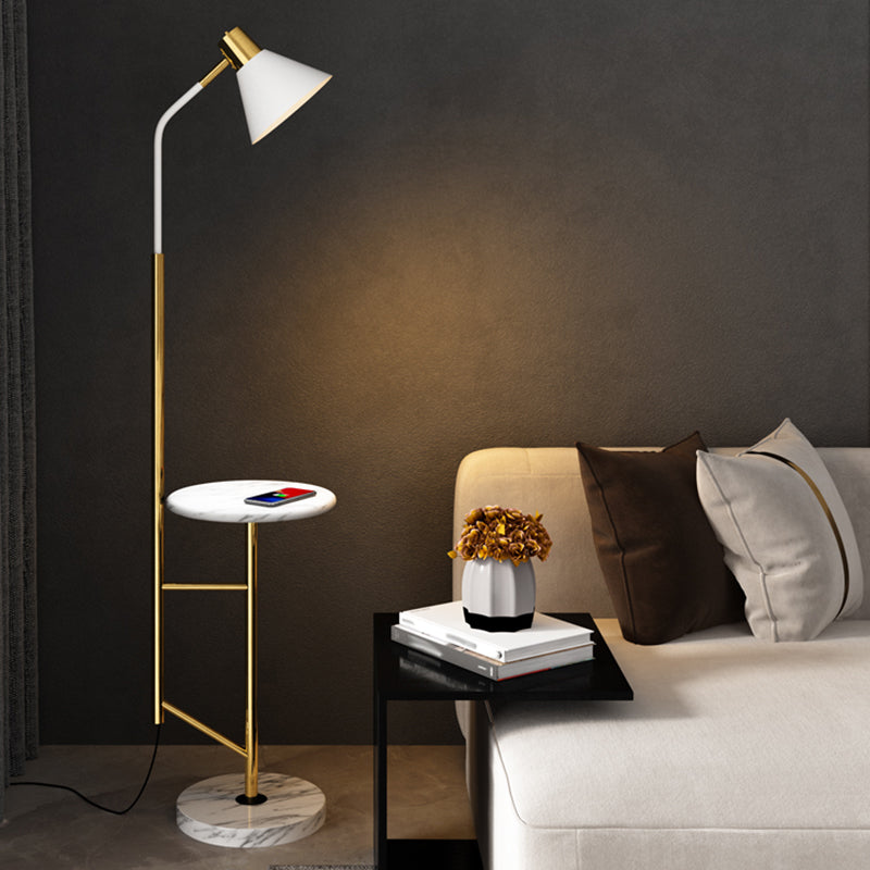 Cone Shade Living Room Task Floor Lamp Nordic Metal 1 Head Floor Light with Marble Tray Clearhalo 'Floor Lamps' 'Lamps' Lighting' 2478718