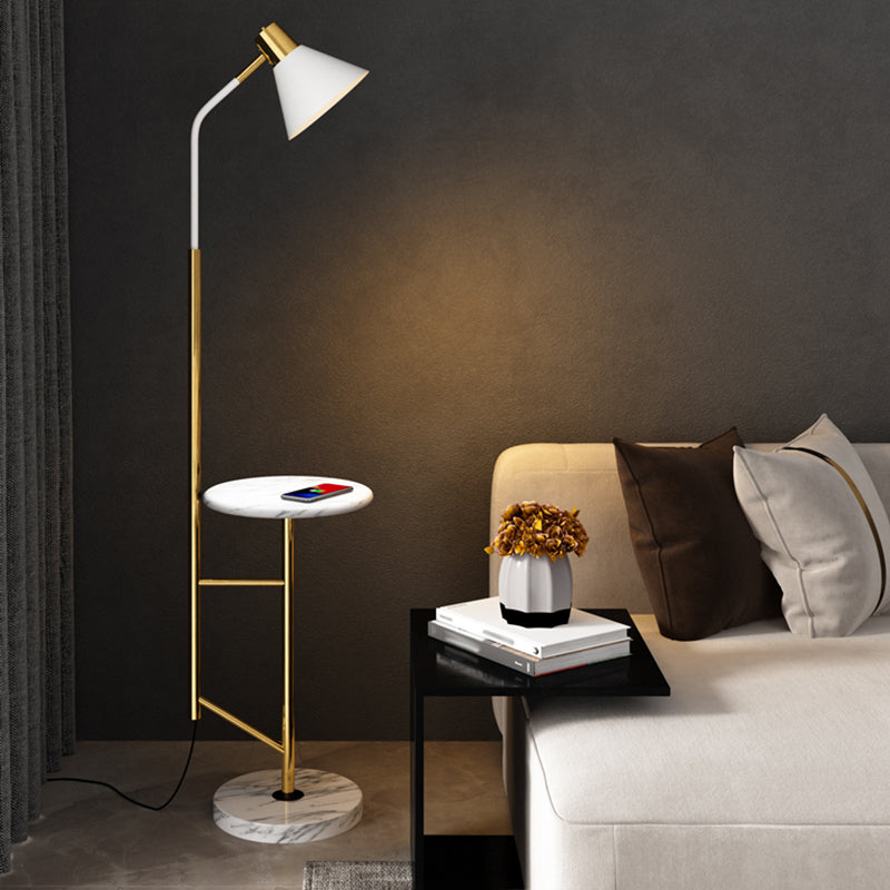 Cone Shade Living Room Task Floor Lamp Nordic Metal 1 Head Floor Light with Marble Tray White Clearhalo 'Floor Lamps' 'Lamps' Lighting' 2478719