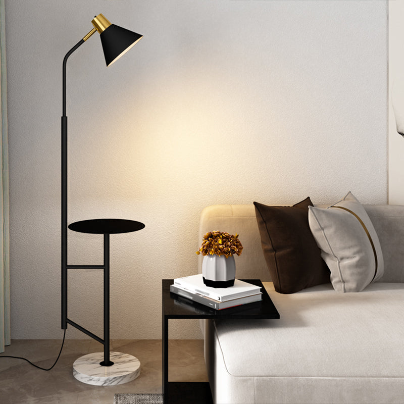 Cone Shade Living Room Task Floor Lamp Nordic Metal 1 Head Floor Light with Marble Tray Black Clearhalo 'Floor Lamps' 'Lamps' Lighting' 2478721