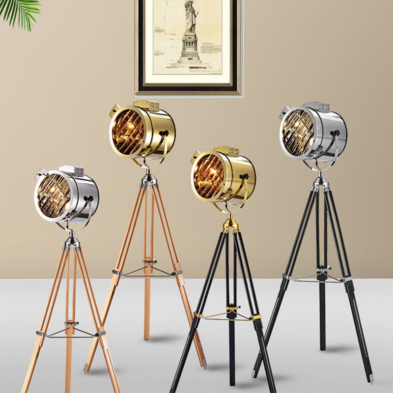 Industrial Tripod Spotlight Floor Lamp 1-Light Stainless Steel Standing Floor Light Clearhalo 'Floor Lamps' 'Lamps' Lighting' 2478755