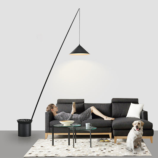 Single Dangling Cone Shade Floor Light Minimalistic Black Metal Stand Up Lamp with Rock Bucket Base Clearhalo 'Floor Lamps' 'Lamps' Lighting' 2478803