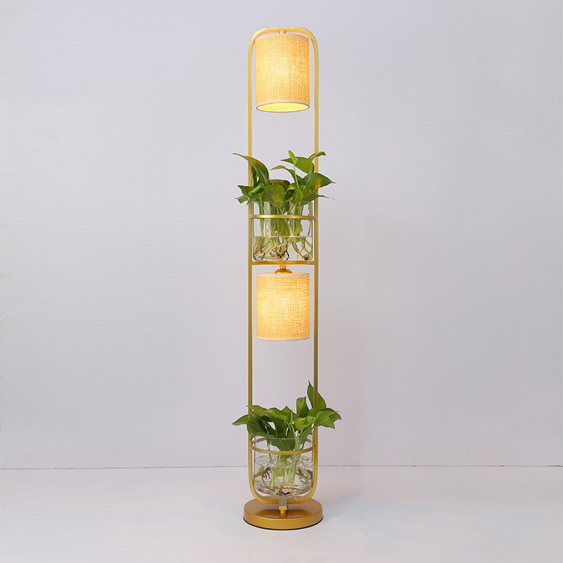 Cylindrical Fabric Floor Lamp Modern 2 Heads Standing Floor Light with Glass Plant Jar Gold Clearhalo 'Floor Lamps' 'Lamps' Lighting' 2478818