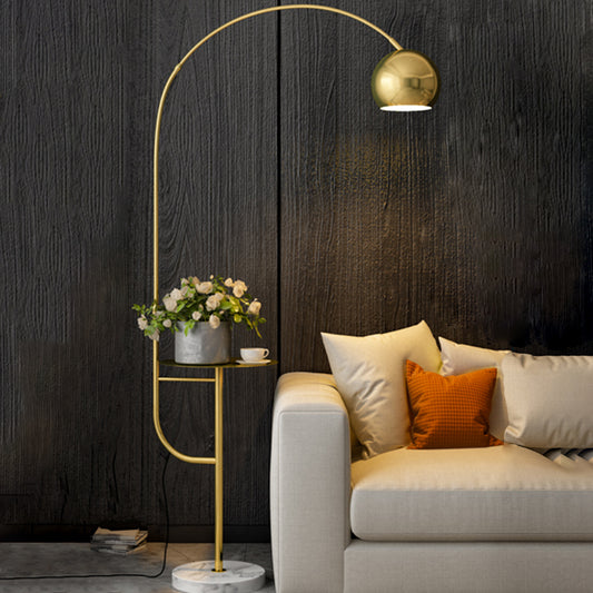 Swivel Dome Shade Floor Light Postmodern Metal 1 Bulb Living Room Standing Lamp with Table and Arched Arm Gold Clearhalo 'Floor Lamps' 'Lamps' Lighting' 2478836