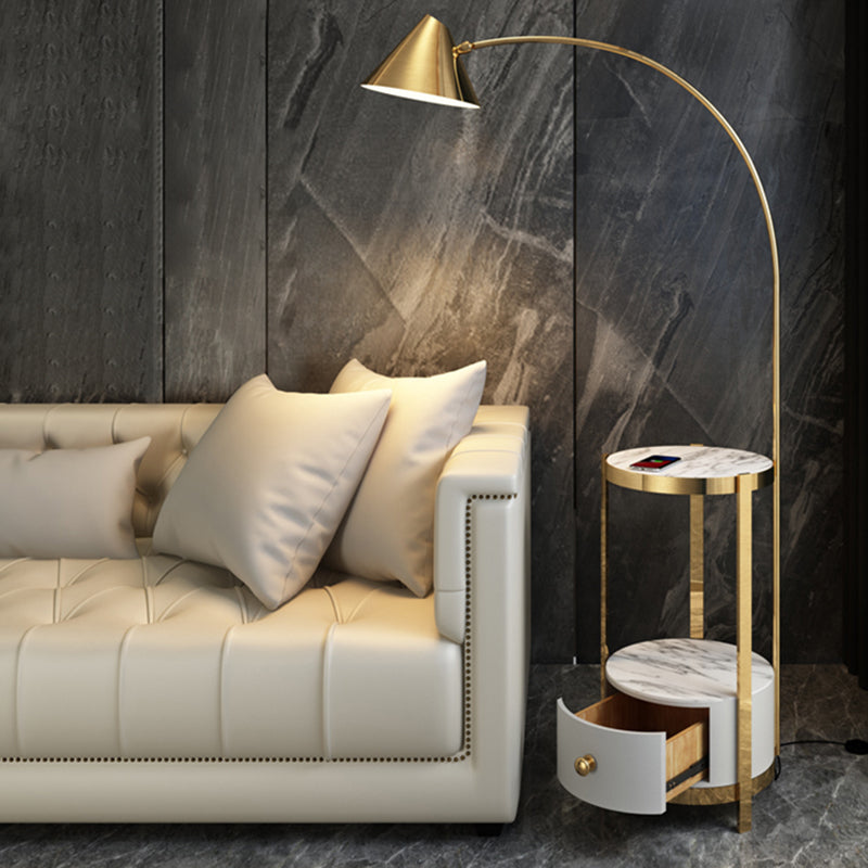 Metal Fishing Rod Floor Lamp Postmodern Style 1 Bulb Standing Light with Swivel Cone Shade and Marble Tray Cabinet Clearhalo 'Floor Lamps' 'Lamps' Lighting' 2478857