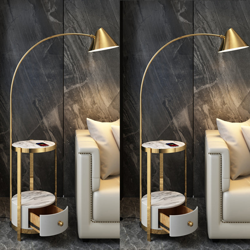 Metal Fishing Rod Floor Lamp Postmodern Style 1 Bulb Standing Light with Swivel Cone Shade and Marble Tray Cabinet Gold Clearhalo 'Floor Lamps' 'Lamps' Lighting' 2478858