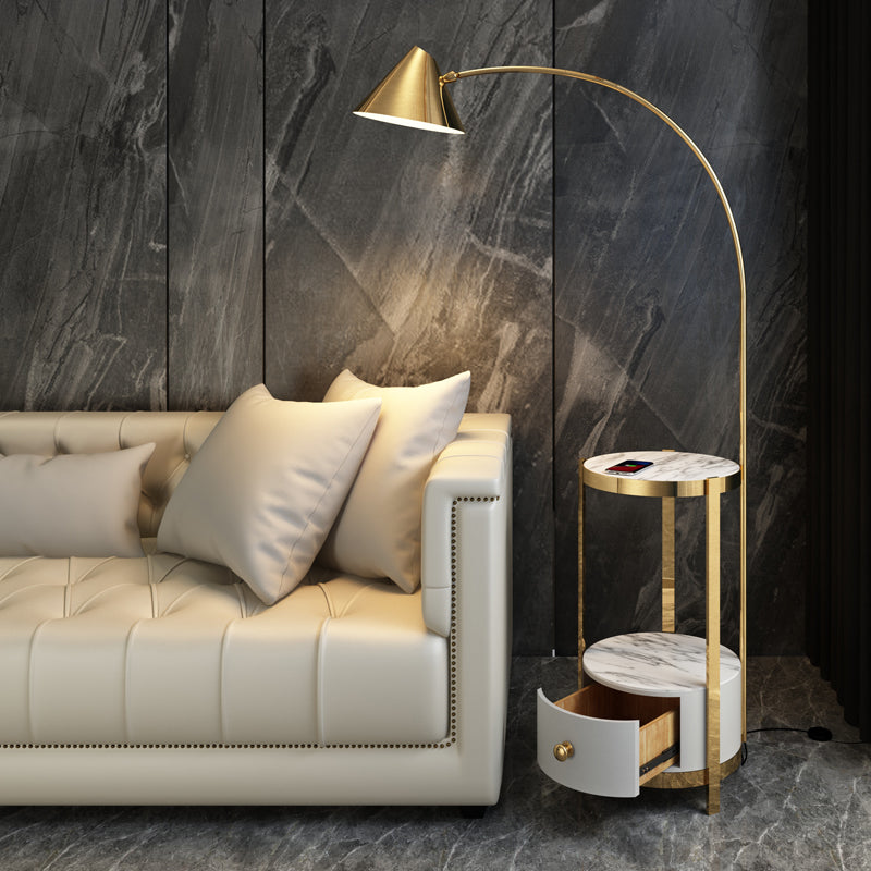 Metal Fishing Rod Floor Lamp Postmodern Style 1 Bulb Standing Light with Swivel Cone Shade and Marble Tray Cabinet Clearhalo 'Floor Lamps' 'Lamps' Lighting' 2478860