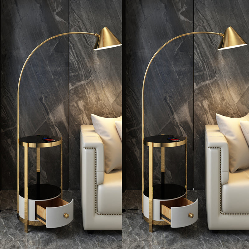 Metal Fishing Rod Floor Lamp Postmodern Style 1 Bulb Standing Light with Swivel Cone Shade and Marble Tray Cabinet Gold-Black Clearhalo 'Floor Lamps' 'Lamps' Lighting' 2478863