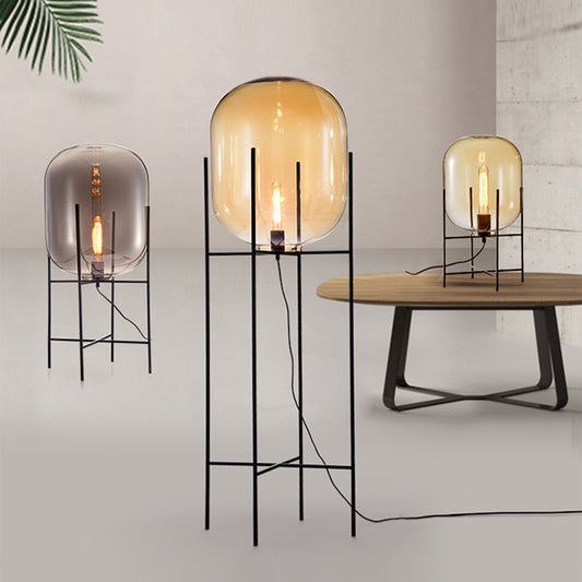 Glass Capsule Floor Light Designer 1 Bulb Black Standing Lamp with Metal H-Brace Clearhalo 'Floor Lamps' 'Lamps' Lighting' 2478883
