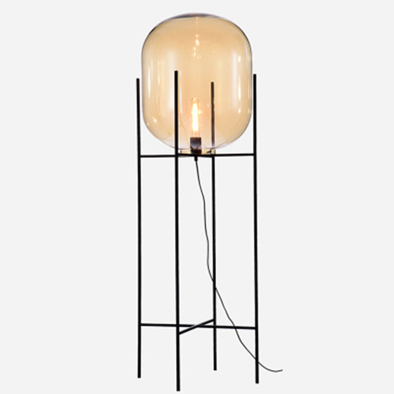 Glass Capsule Floor Light Designer 1 Bulb Black Standing Lamp with Metal H-Brace Amber 16.5" Clearhalo 'Floor Lamps' 'Lamps' Lighting' 2478884