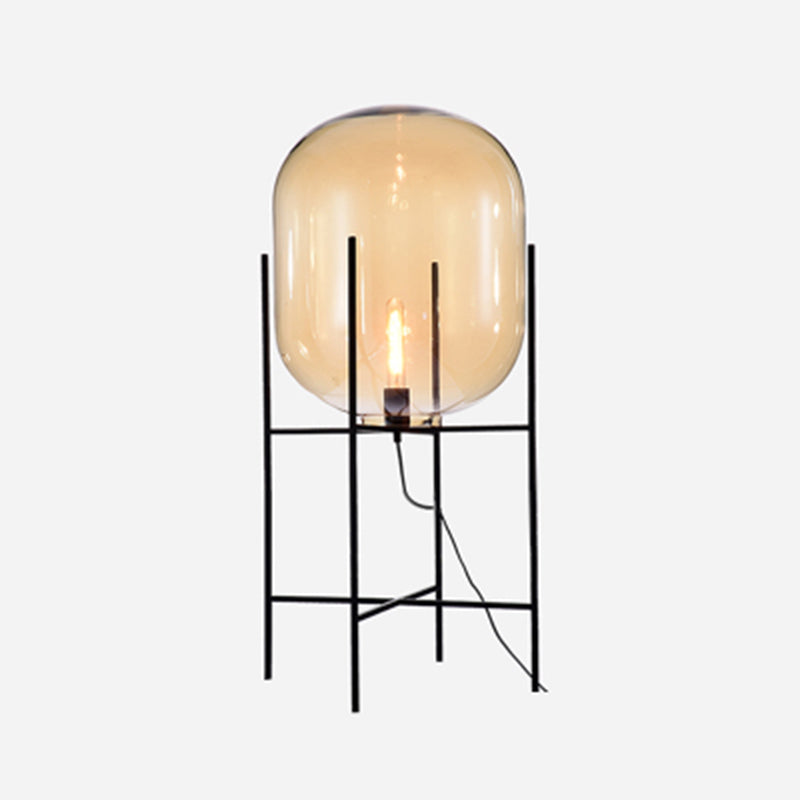 Glass Capsule Floor Light Designer 1 Bulb Black Standing Lamp with Metal H-Brace Amber 13.5" Clearhalo 'Floor Lamps' 'Lamps' Lighting' 2478889